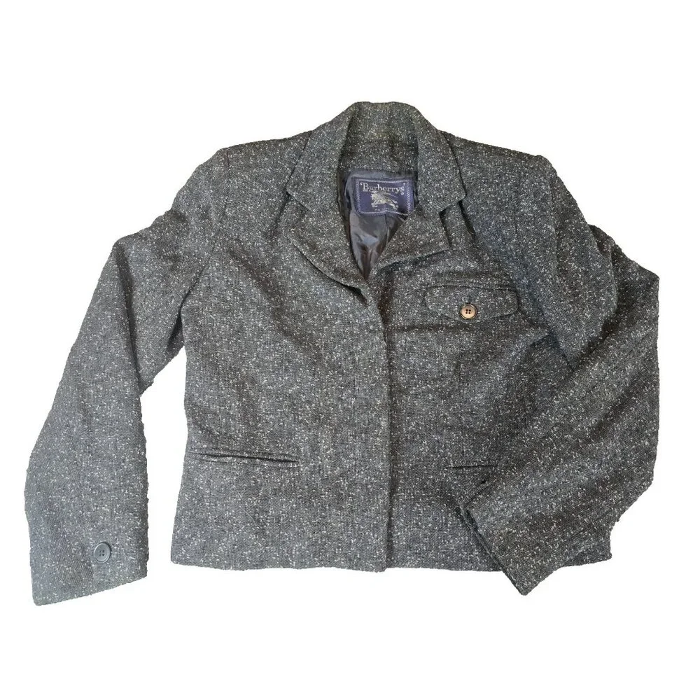 Vintage Burberrys of London Blazer Jacket Size 6 Wool Blend Tweed Grey Green USA - Picture 2 of 7